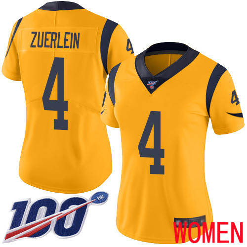 Los Angeles Rams Limited Gold Women Greg Zuerlein Jersey NFL Football #4 100th Season Rush Vapor Untouchable->women nfl jersey->Women Jersey